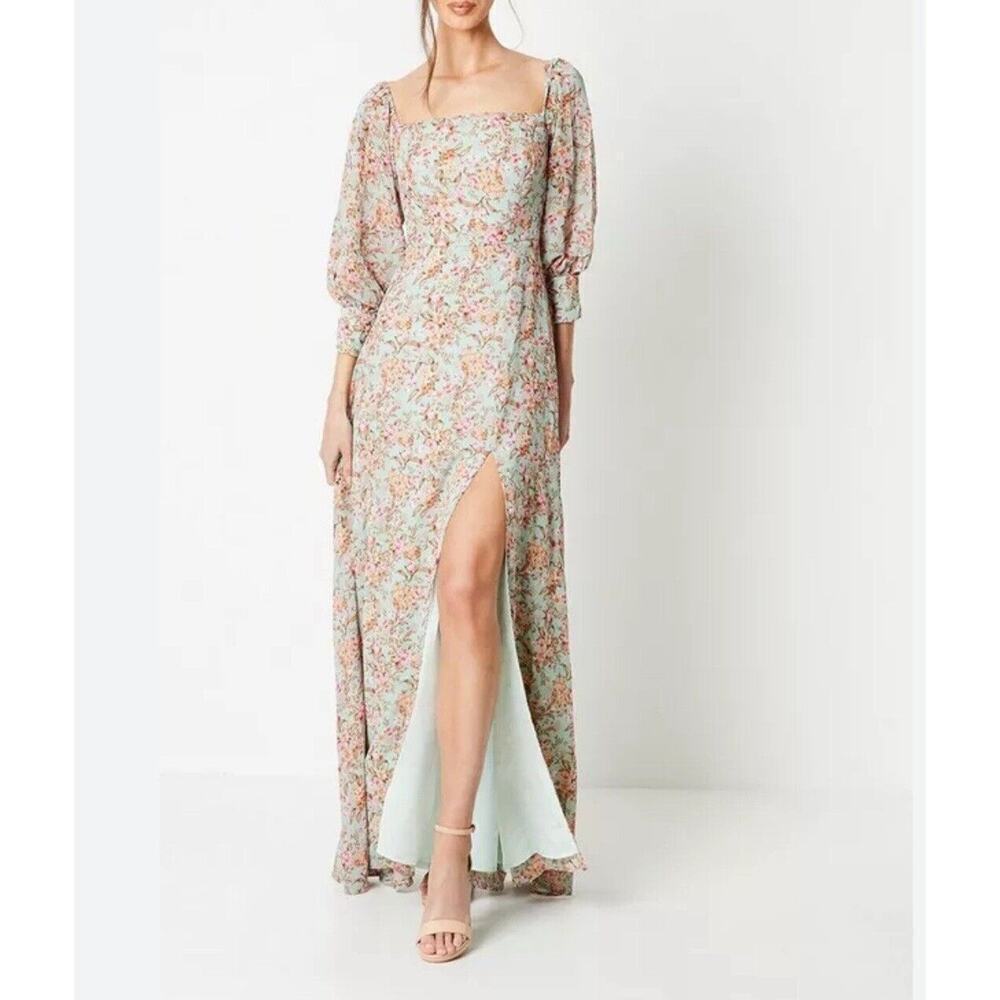 Vow’d Bridesmaids Meadow Floral Printed Bardot Maxi Dress Size 16 Square Neck